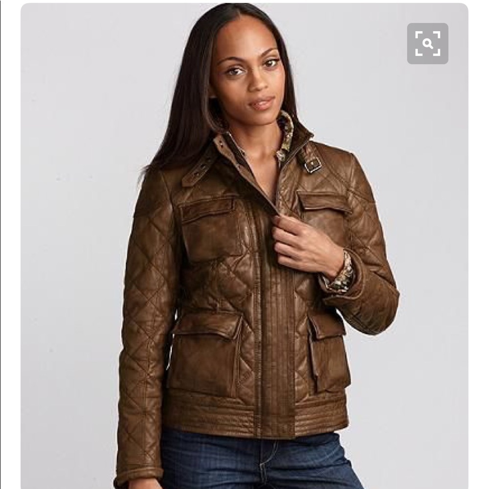 Eddie Bauer quilted tan leather military jacket xs
